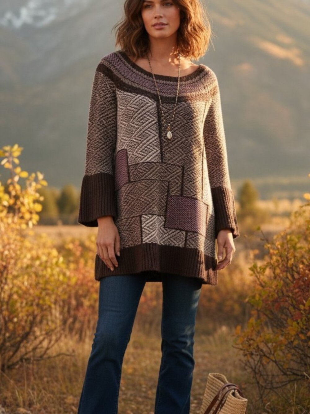 Free People Patchwork Sweater Brown Pink Fair Isle  (S)